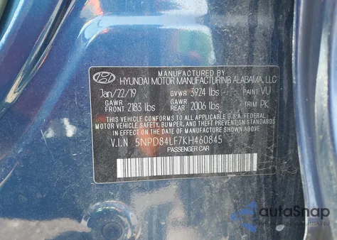 2019 Hyundai Elantra Sel из США, поврежденный, VIN 5NPD84LF7KH460845